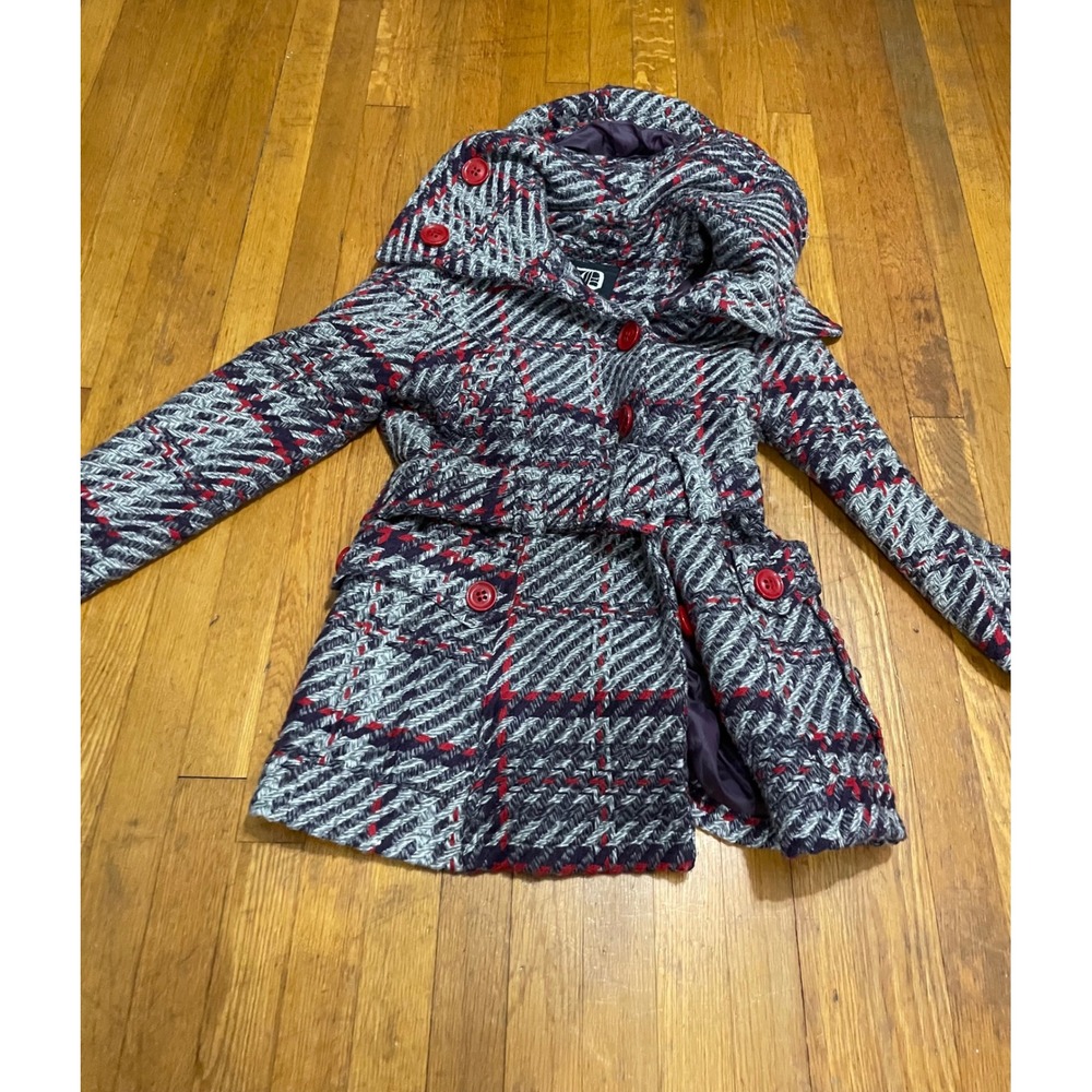 Dollhouse Outerwear Womens Wool Blend Plaid Hooded Pea Coat Grey Red Size M